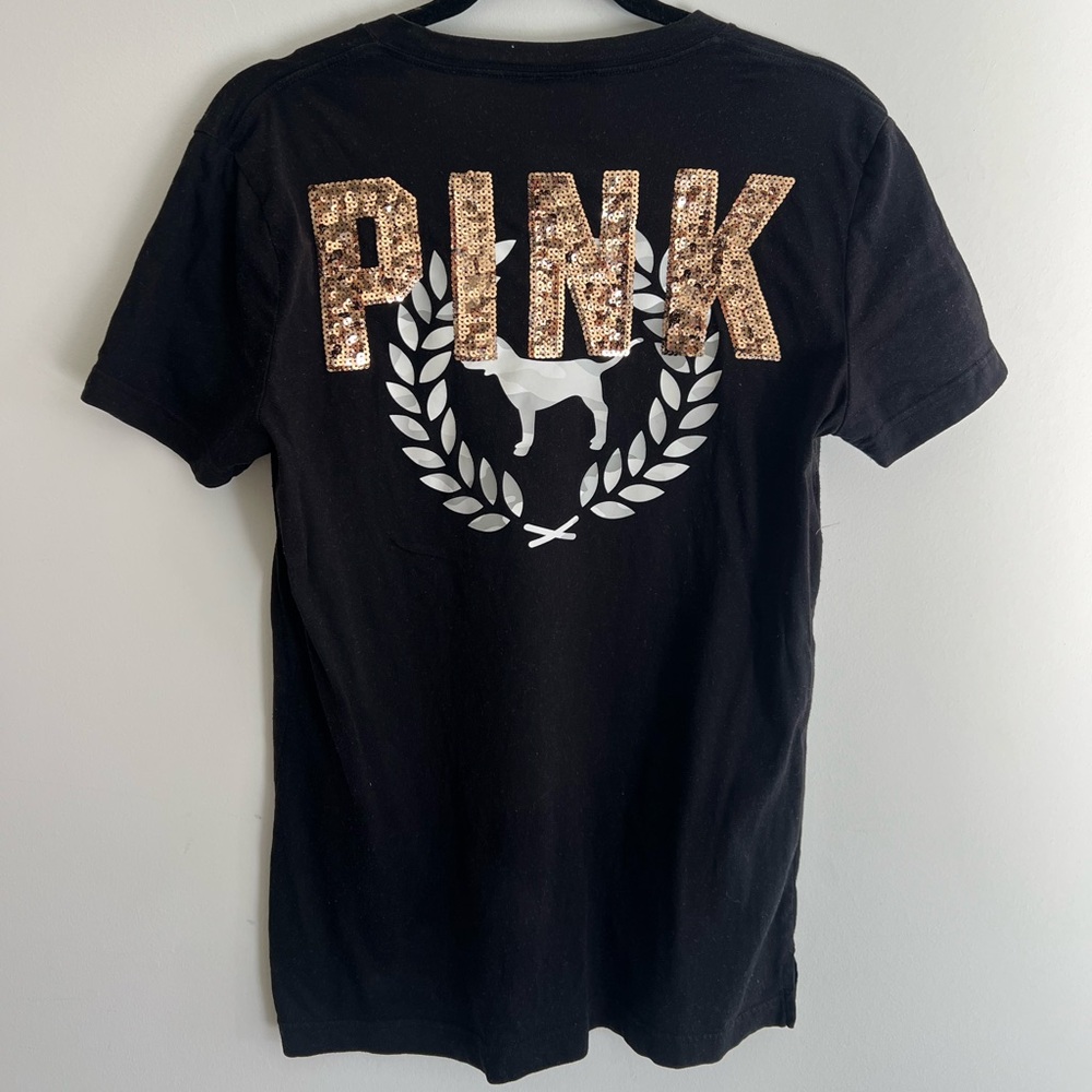 Vintage PINK Victoria's Secret Black Short Sleeve Tee with Sequin Logo